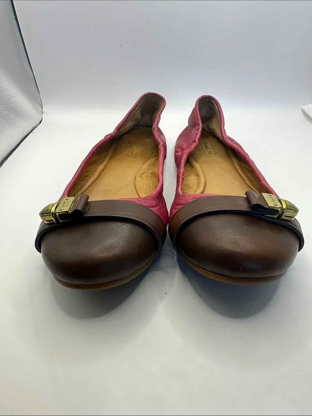 Coach Pink Fabric and Brown Leather Cap-Toe Ballet Flats with Gold Accent